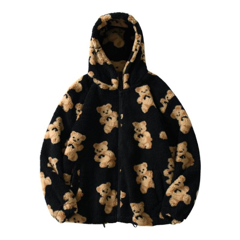 New Cartoon Thick Pattern Bear Print Women Winter Korean Large Size Long Sleeve Hooded Coat Warm Couple Streetwear
