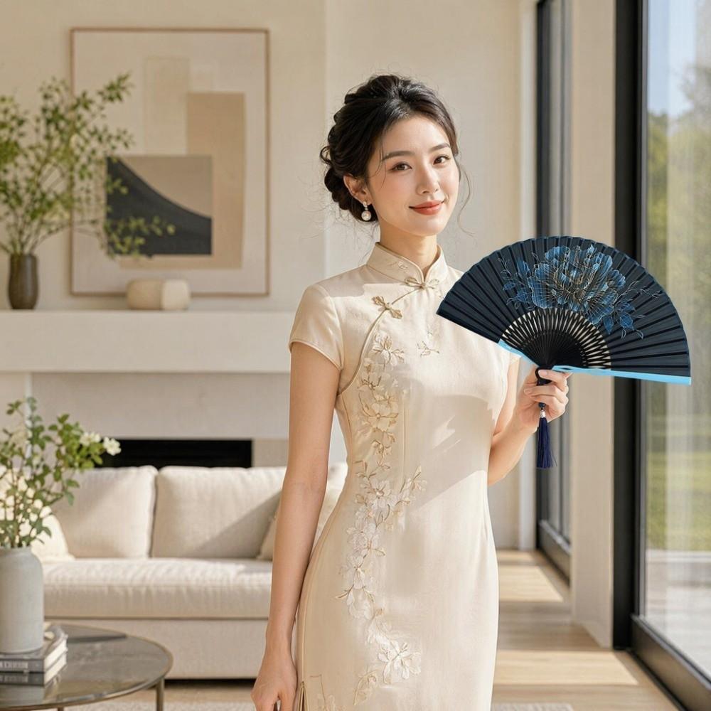 Bamboo Frame Folding Hand Fan Peony Flower Dance Fan Gentle Design Retro Handheld Fan Gift Giving