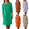 Women's Large Loose Solid Cotton Linen Round Neck Short Sleeve Pocket Button Dress
