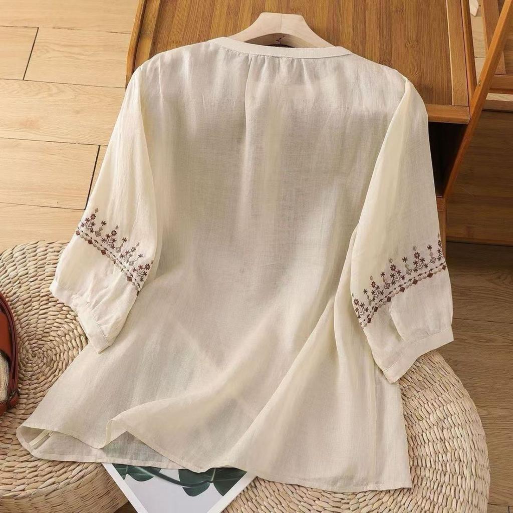 Рубашка в стиле ретро, женская, рукава пять четвертей, весна-лето, новая блузка, свободный верх, вышитая рубашка