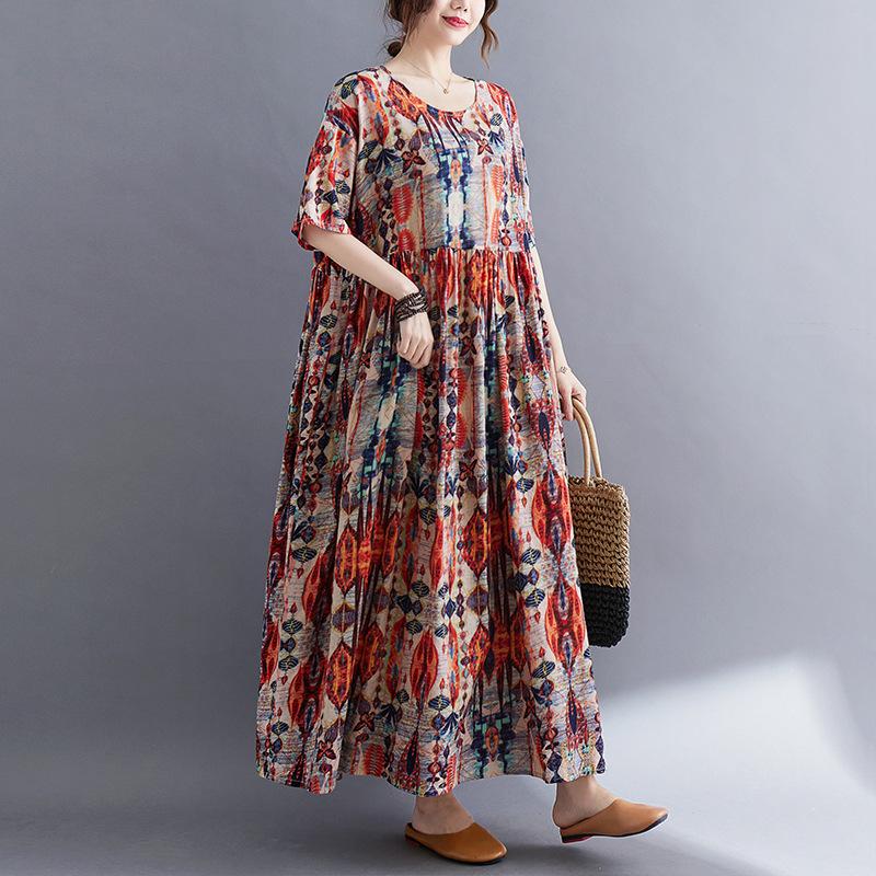 Летнее литературное платье свободного покроя из хлопка и льна с принтом и короткими рукавами для женщин