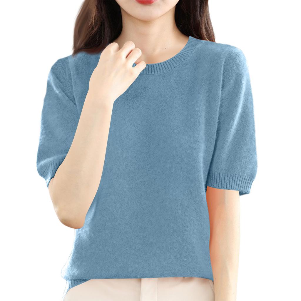 Women's Fashion Wool Knit Half Sleeve Round Neck Solid Colour Bottom Shirt Knitted T-Shirt Top