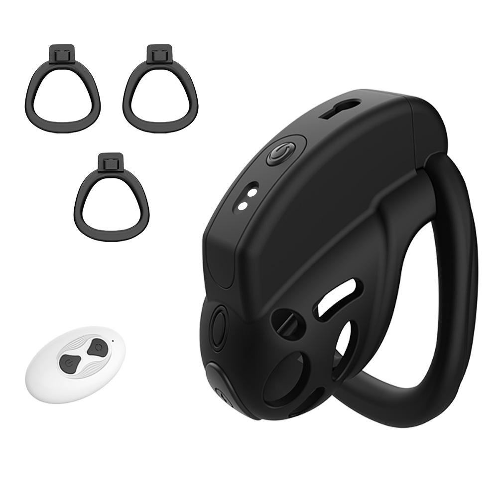 Black Electric Shock Vibrating Chastity Cage with 6 Rings Remote Control Penis CB Lock BDSM Training Abstinence Bondage Sex Toys