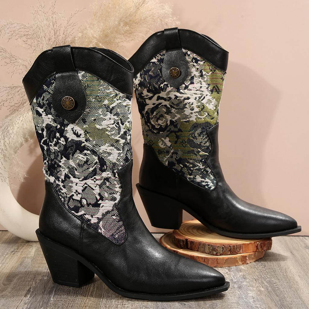 Модные заостренные носки на толстом каблуке среднего размера с вышитым узором низкие сапоги в стиле вестерн ковбойские рыцарские сапоги женские кожаные сапоги большого размера