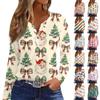 Женская модная повседневная футболка с длинным рукавом и V-образным вырезом на рождественском принте на пуговицах
