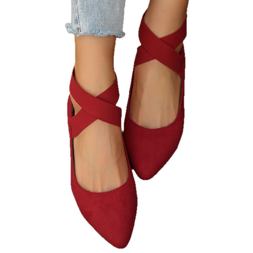 European and American foreign trade large size flat bottom elastic band shallow mouth single shoes women's suede pointed foot cover lazy work shoes