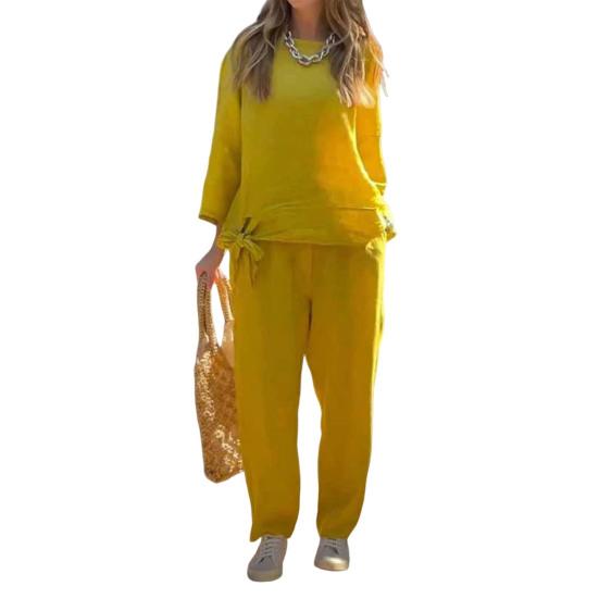 2 шт./компл. Женский костюм топ и брюки однотонный с длинными рукавами и круглым вырезом