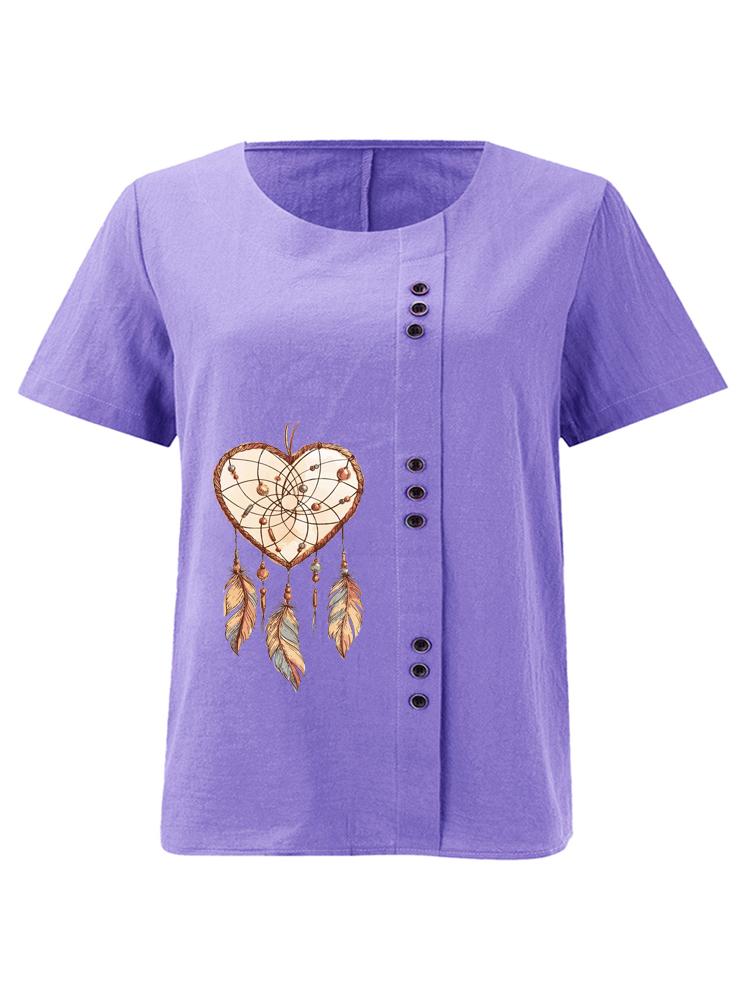 Women's Fashion Love Feather Print Shot Sleeve T-shirt Loose Cotton Shirt Casual Loose Summer Blouse Tops Plus Size