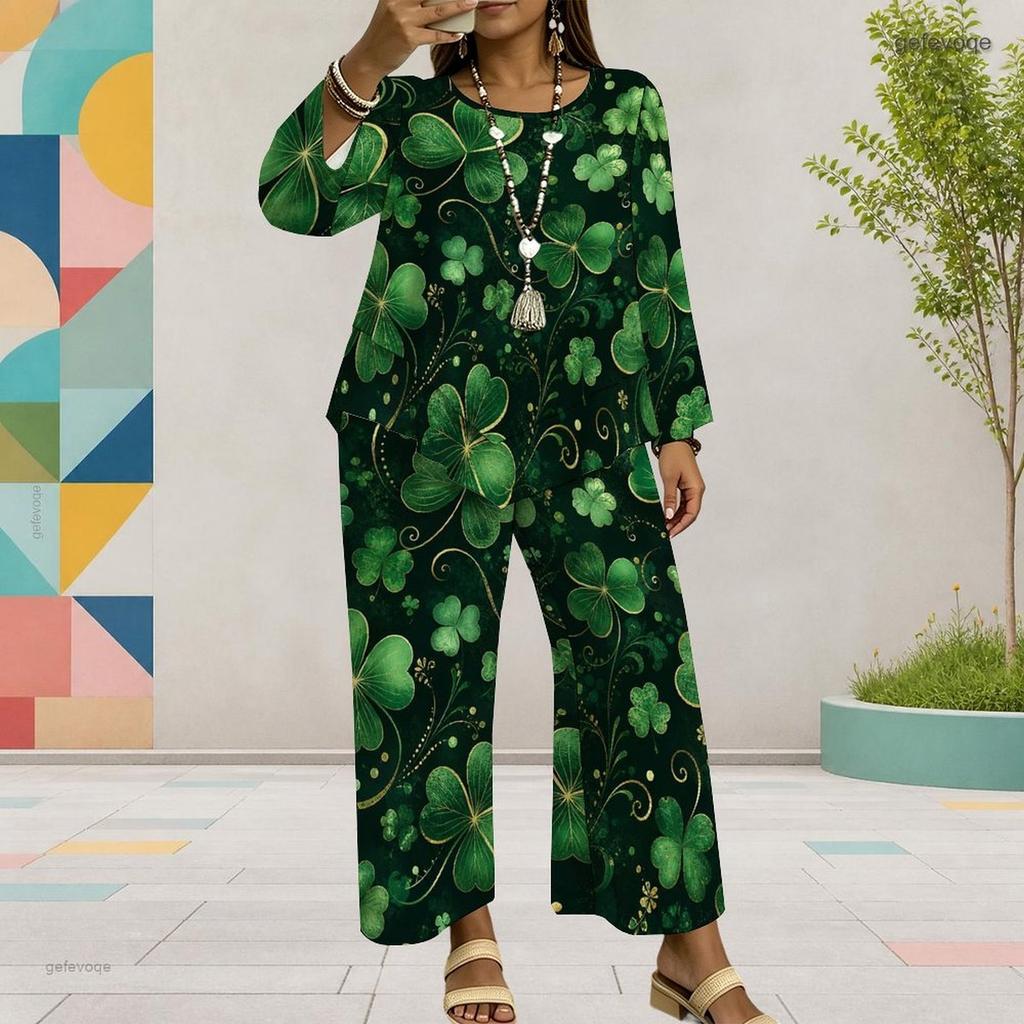 Women Plus Size Dark Blue Printed Round Neck Long Sleeve Two Piece Set Asymmetrical Layered Top Wide Leg Pants