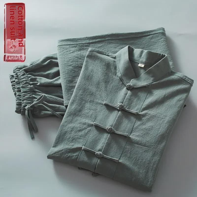 Мужской летний китайский костюм Тан из хлопка и льна: Модный наряд в стиле мандарин с пуговицами