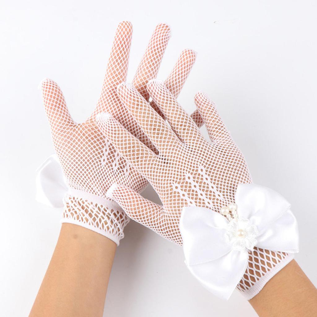 Детские праздничные кружевные перчатки-сетки с жемчугом, перчатки для причастия, перчатки для вечеринки девочки-цветочницы, детские перчатки, сетчатые перчатки с бантом высокой эластичности