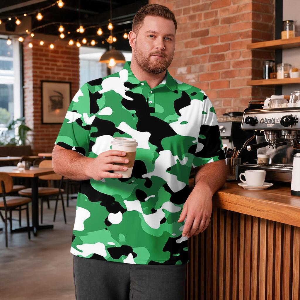 Men's Big Size Camouflage Print Golf Shirt Breathable Short Sleeve Polo Shirt Suitable for Casual Workwear Tops