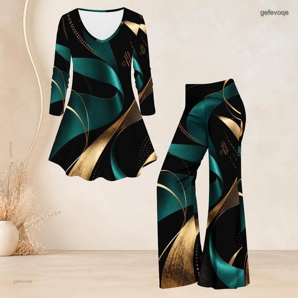 Women Plus Size Two Piece Set V Neck Long Sleeve Printed Flared Top Flared Pants Black Blue