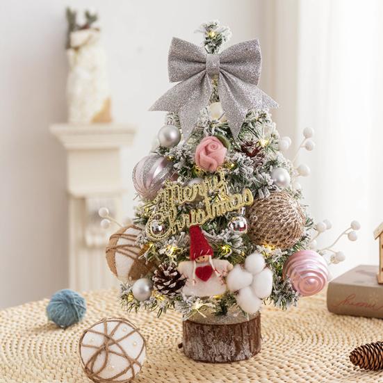 Yousheng Mini Christmas Tree with LED Light Pre-lit Small Artificial Snow Flocked Tree with Ball Ornaments for Xmas Tabletop Indoor Holiday Decor