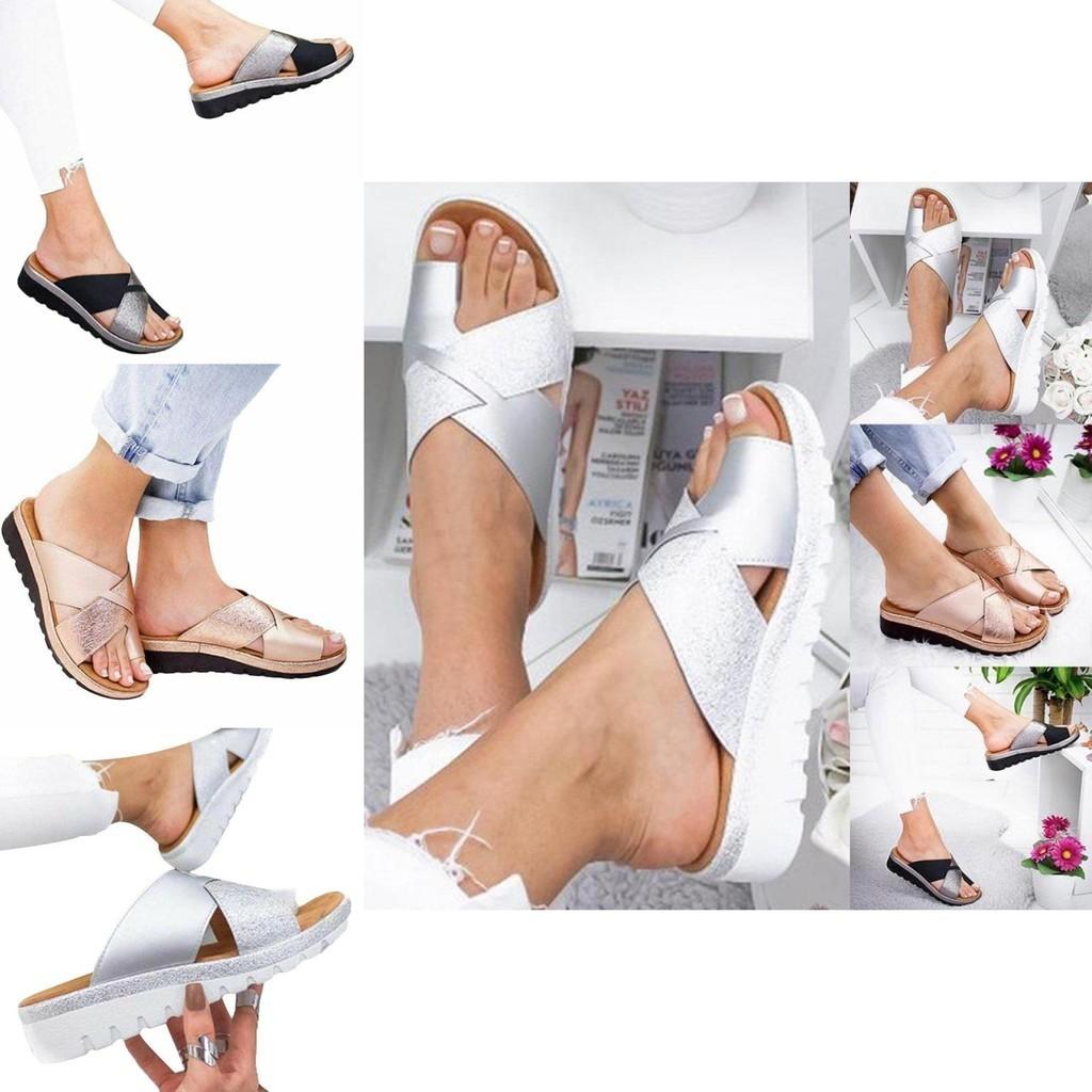 Elegant Women Shoes Sandal Comfy Platform Flat Sole Orthopedic Big Toe Foot Pu Leather