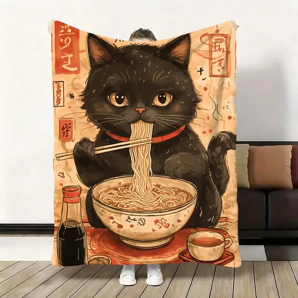 Black Cat Ramen Soft Flannel Blanket Oversized Warm SkinFriendly Throw for Sofa Bed Office Travel Winter Comfort