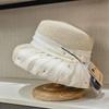 Vintage Elegant Hepburn Style Sun Hat Organza Decoration Stapled Beaded Design Solid Color Beach Holiday Big Sun Cap