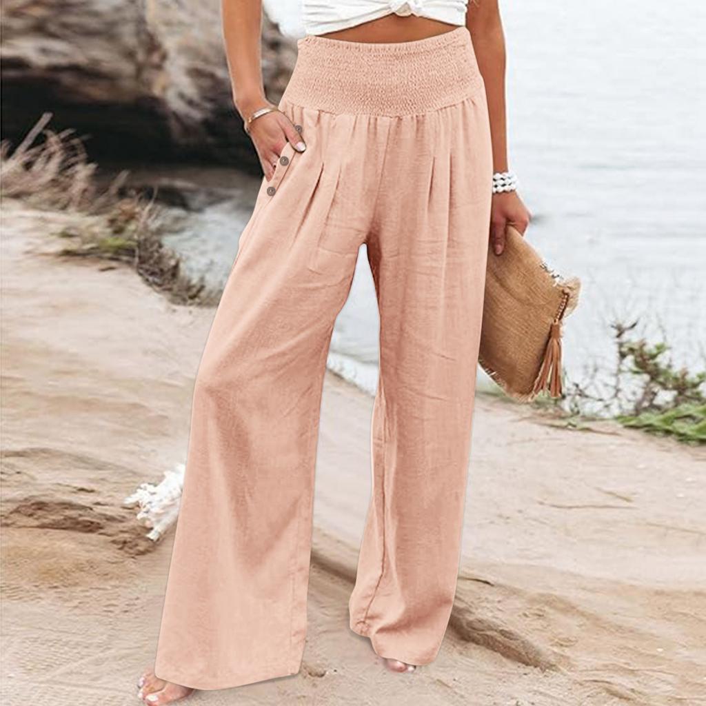 Summer Cotton Linen Wide Leg Pants Women Loose Palazzo Pant Pocket Elastic Waist Button Casual Pants