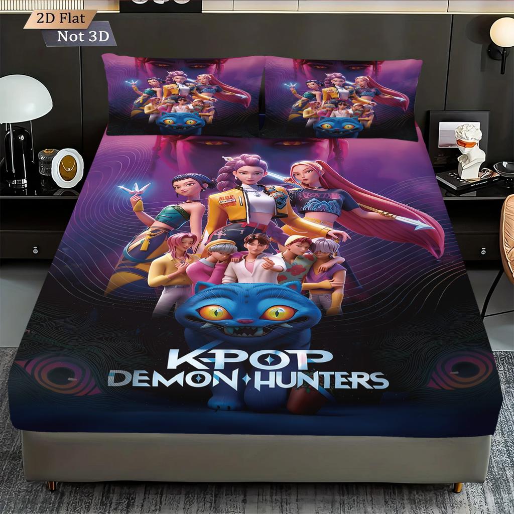 3pcs K-Pop Demon Hunters Printed Chipless Bed Sheet Set Multi Size Soft Bed Cover Bedroom Bedding Decoration Machine Washable