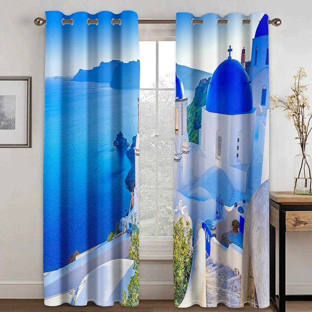 Vacation Style High Shading Curtain Aegean Sea Santorini Island Beach Blackout Drapes ideal for Bedroom Space Living Room Hotel Window Opening