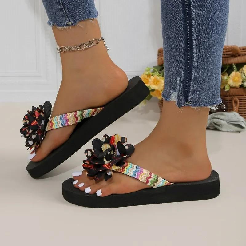 2024 Летние женские тапочки, новые модные женские туфли на плоской подошве с открытым носком, повседневные пляжные туфли с цветочным узором