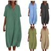 Women's V-Neck Casual Dresses Beach Holiday Solid Color Vacation Leisure Dresses Loose Cotton Linen Shirt Dress