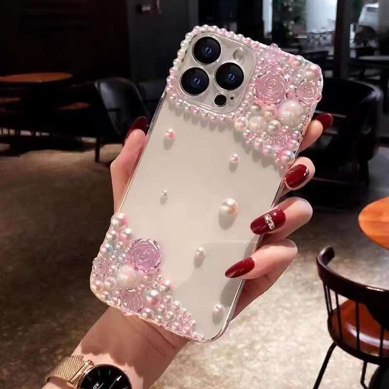 Luxury Fashion Pearl Flower Transparent Phone Case For iPhone 15 14 13 12 11 Pro Max X XS XR XS Max Acrylic Shockproof Cover
