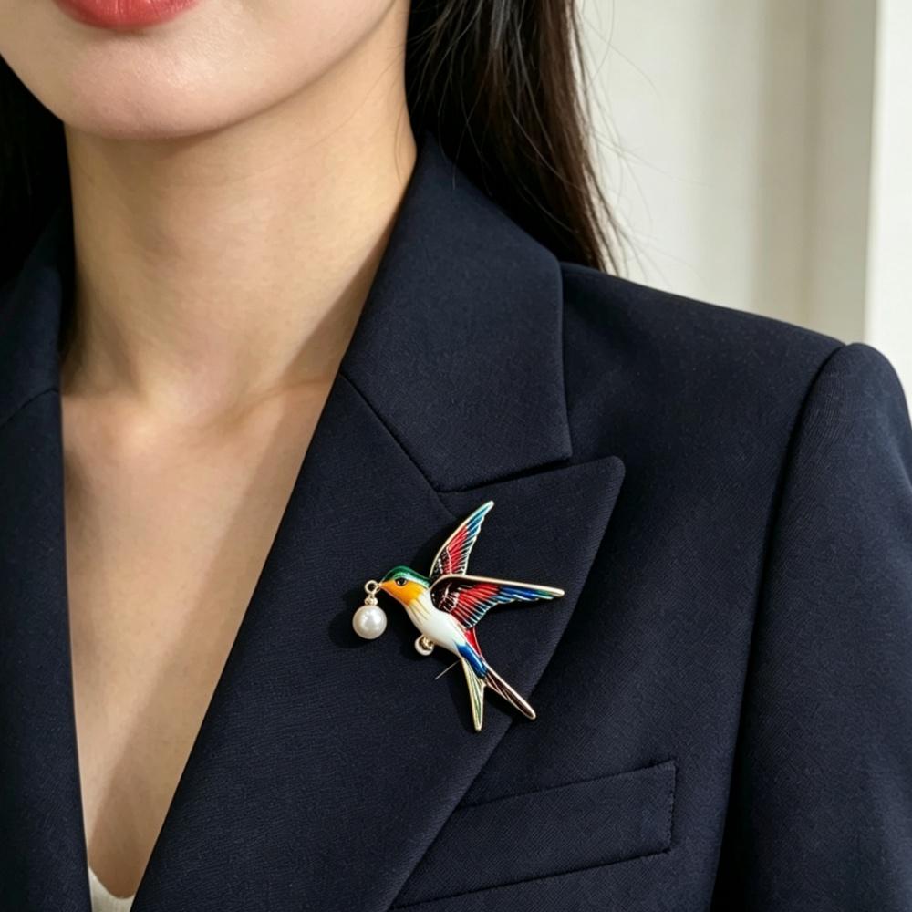 Freshwater pearl enamel bird brooch, elegant ladies' swallow jewelry, can also be as a pendant, vintage style scarf pin and necklace pendant.