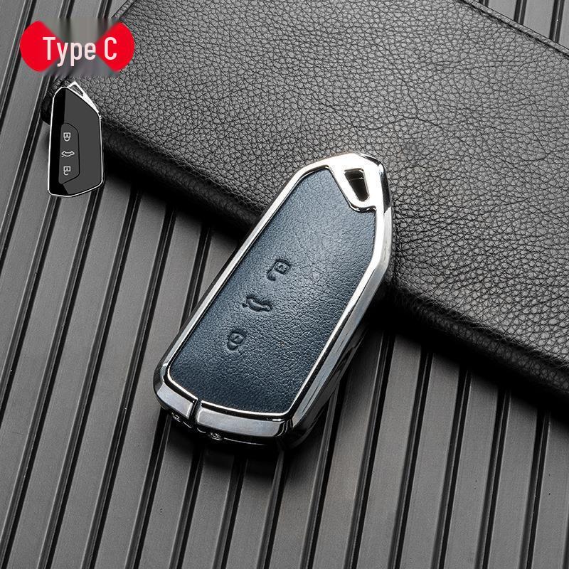 Volkswagen/Skoda Double-Sided Leather Zinc Alloy Car Key Case - Non-Signal Blocking, Full-Wrap Design