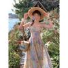 Long Printed Waist a Word Suspender Dress Women's Summer French Casual Women's Retro Temperament High-end Skirt