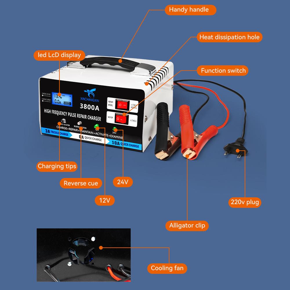 Full Automatic Car Battery Charger Fast Charger 12V 24V High Power Repair Battery Charging For Lead Acid Battery EU Plug