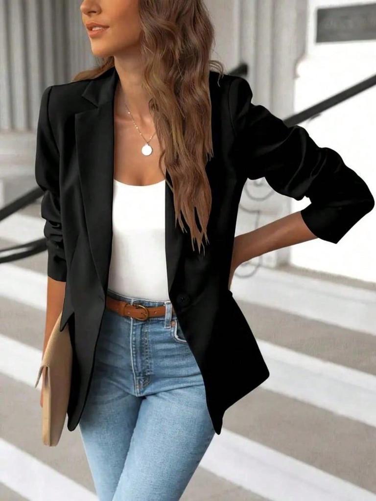 Women's Long Sleeve Open Front Blazer Button Detail Casual Work Office Jacket