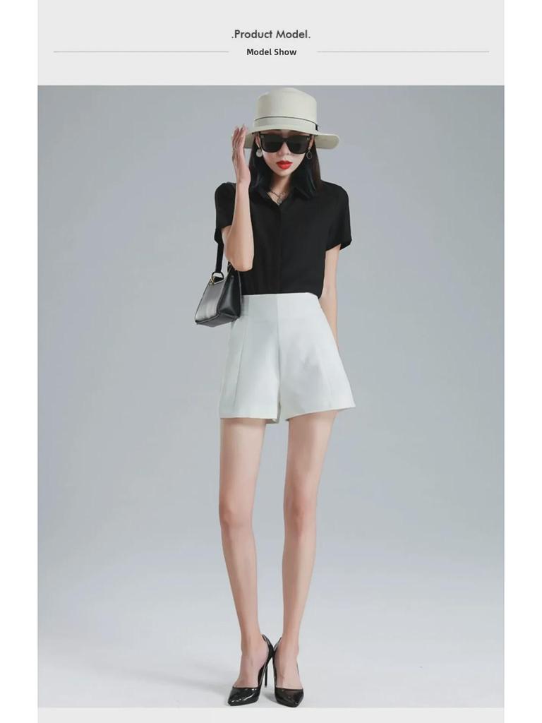 Женские облегающие шорты А-силуэта с высокой талией и широкими штанинами белого цвета - Лето 2023 Повседневная мода