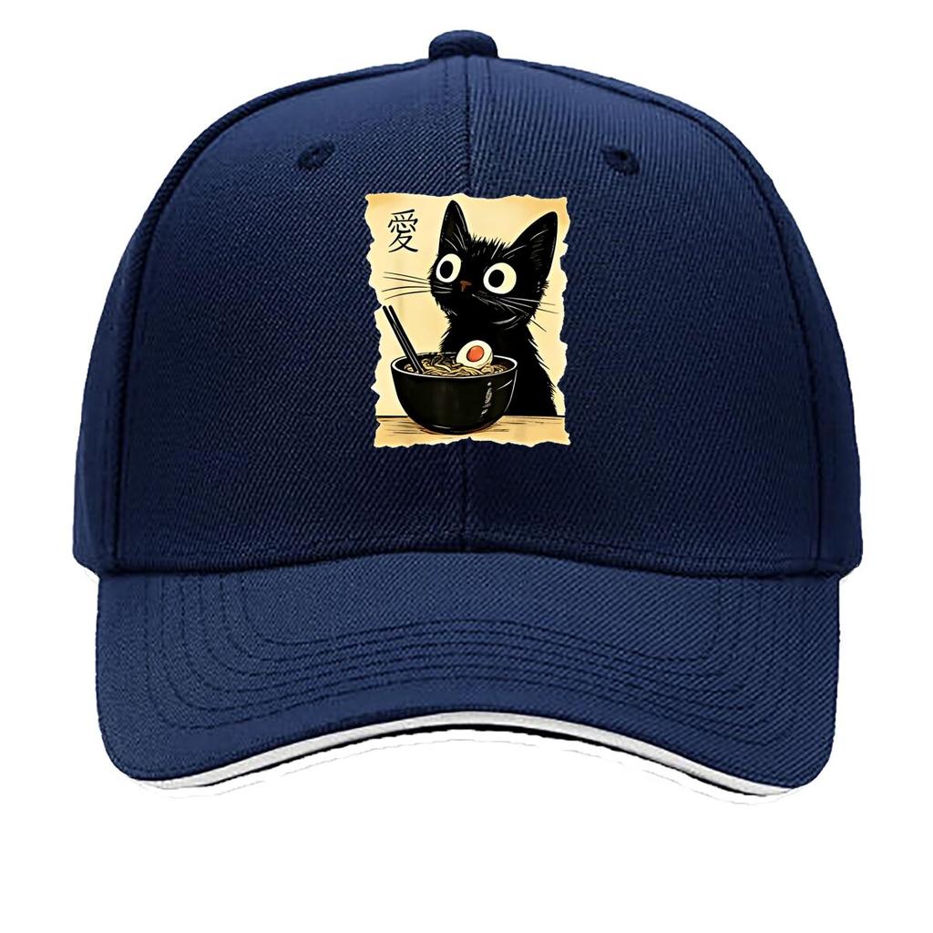 One Fashionable Printed Cartoon Cat Noodles Pattern Summer Curved Brim Cap Trendy Daily Wear Duckb Sandwich Baseball Cap