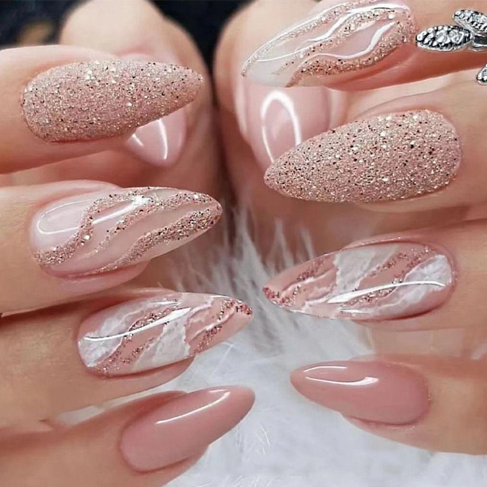 24pcs Manicure Diy Lines Moon Stars Press On Nails Blue Flowers French Eyes Long Almond False Nails