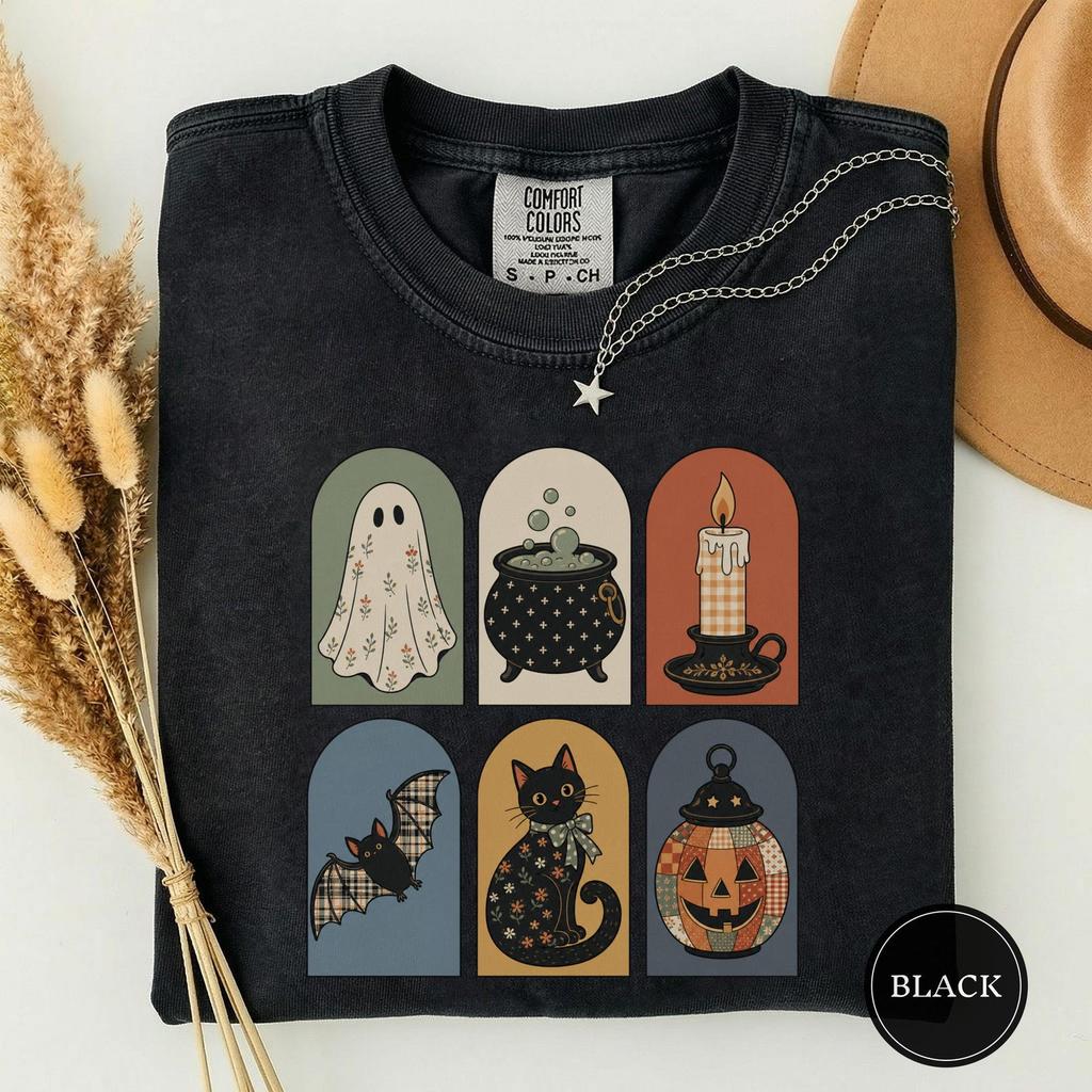 Arched Niche Halloween Icon Grid Tee, Wordless Spooky Shirt, Retro Icon Panel Art, Cute Halloween Gift, Vintage Halloween Tee