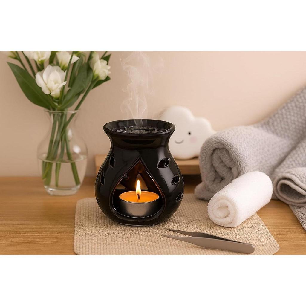 Ceramic Clay Candle Operated Aroma Burner (Black; 9 Cm)