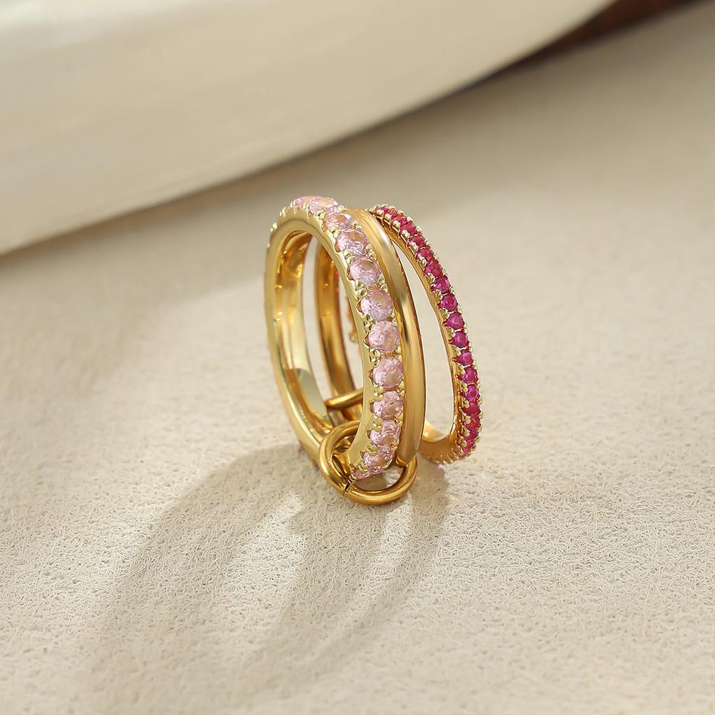 KunJoe Cubic Zirconia Stainless Steel Multilayer Connecting Ring Women Luxury 18K Gold Plated Finger Rings Trendy Party Jewelry