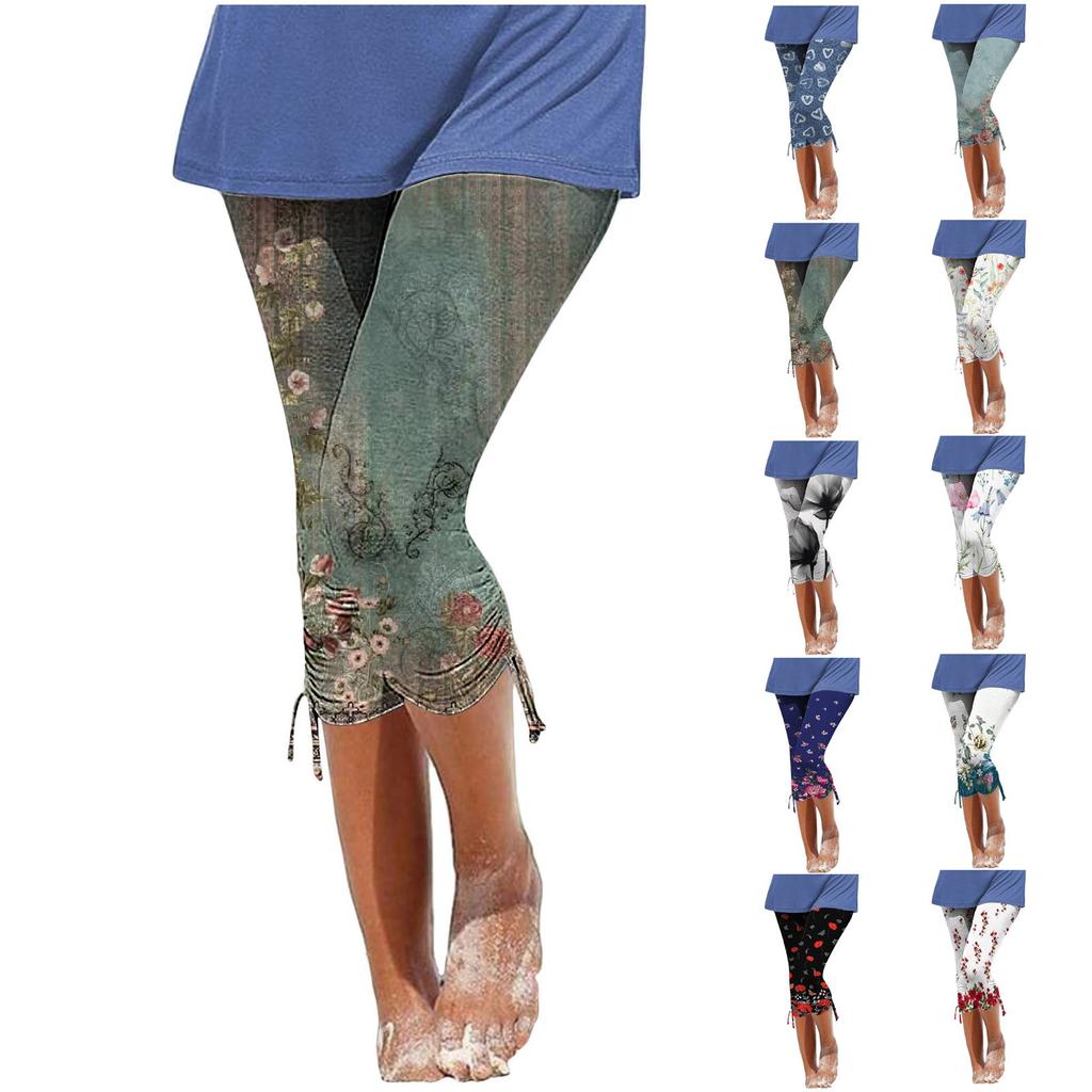Women Summer Casual Pants Prints Cycling Short Elastic Waist Casual Vacation Skinny Leggings Cropped Trousers