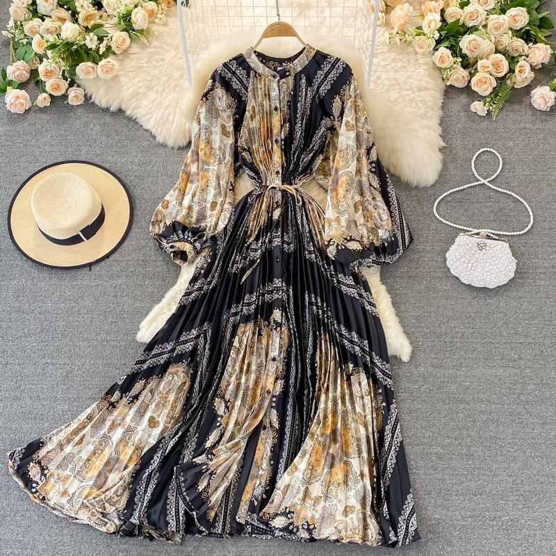 RUGOD 2024 весеннее свободное тонкое атласное однобортное плиссированное платье с круглым вырезом и длинными рукавами, элегантное легкое экстравагантное длинное платье