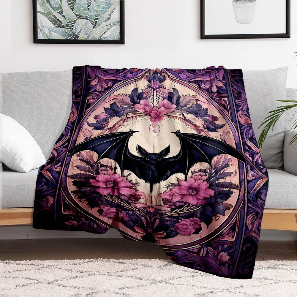 Gothic Bat & Floral Stained Glass Wall Art PrintBlanket Flannel Throw Blanket for Sofa, Bed, Travel, Camping, Office, Couch, Chair, And Bed
