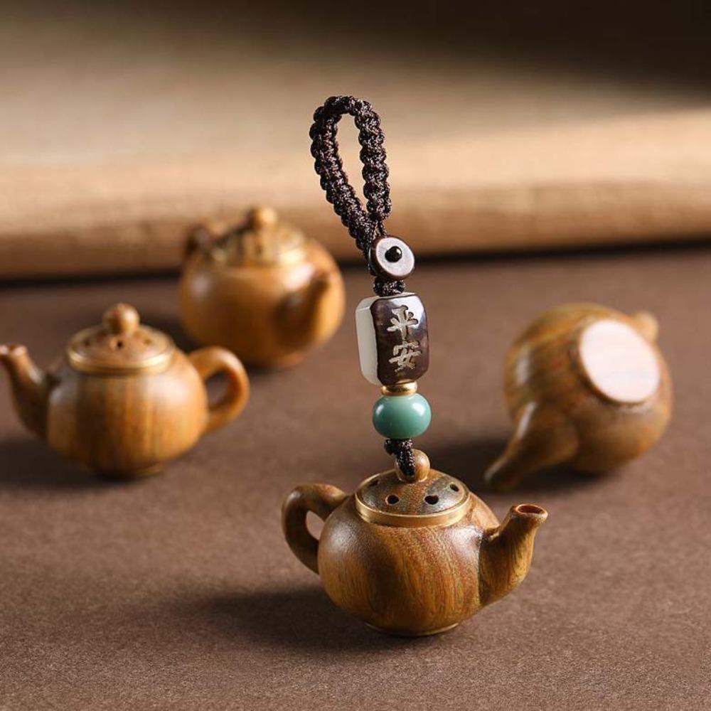 Ornament Little Teapot Keychain Mini Green Sandalwood Phone Chain Carved Teapot Pendant Gifts