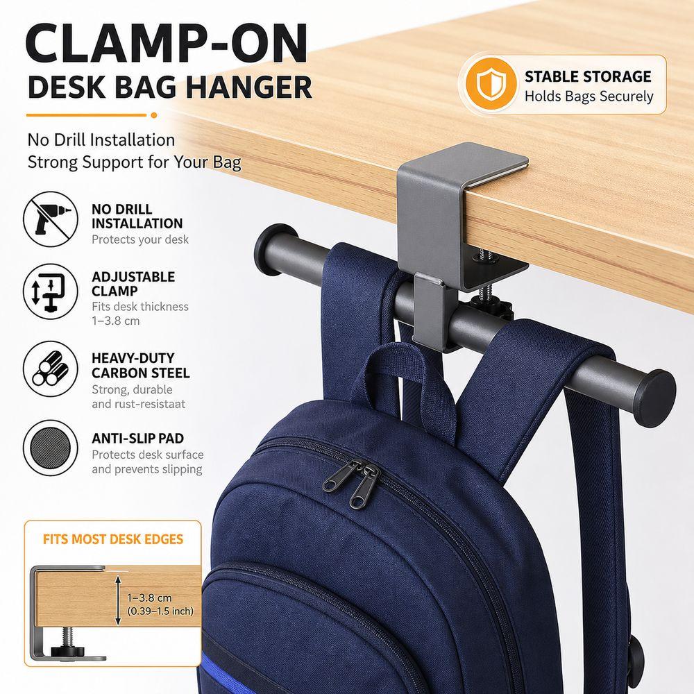 Clamp on Desk Side Hook Carbon Steel Desk Side Handbag Rack Desk Edge Hook Home Office