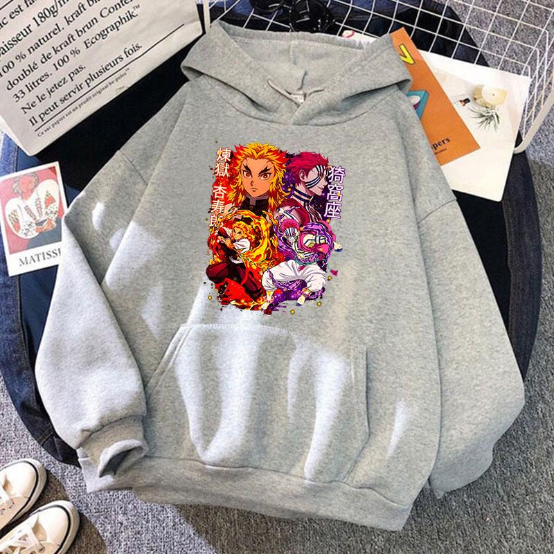 New Anime Rengoku Kyoujurou Akaza Print Hoodies Women Causal Tops Unisex Harajuku Long Sleeve Sweatshirts
