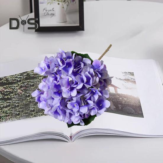 Artificial Hydrangea with Green Leaves Stem Realistic Fake Flower Wedding Home Office Table Centerpiece Faux Floral Branch Flower Arrangement