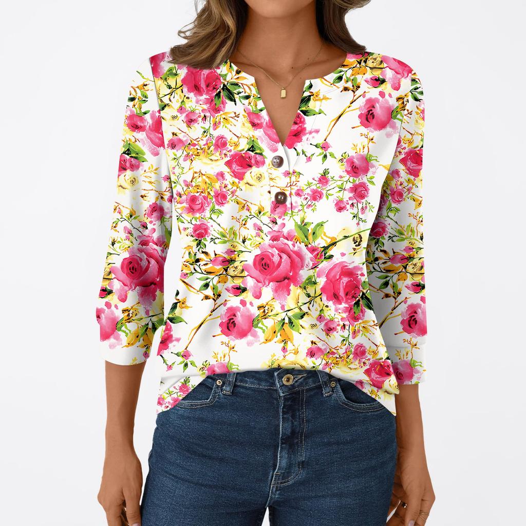 Женская модная повседневная футболка с рукавом 3/4, с принтами, V-образным вырезом и пуговицами