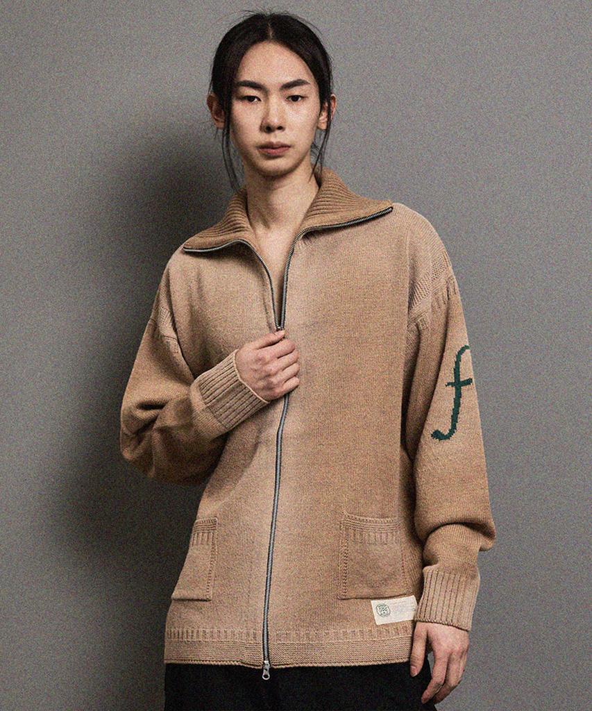 Ffeff Studio Vintage Washed F-Logo Zip-Up Cardigan (Beige)