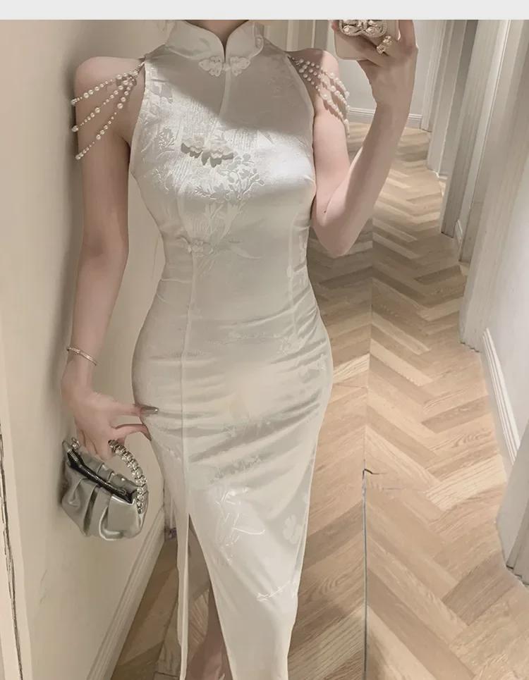 Женское бархатное платье-чеонгсам с жемчужной отделкой 2024 года