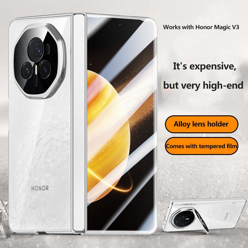 Electroplated Hinge Transparent Phone Case for Honor Magic V3 Metal Lens Holder with Tempered Film Shockproof Holder Business Cover