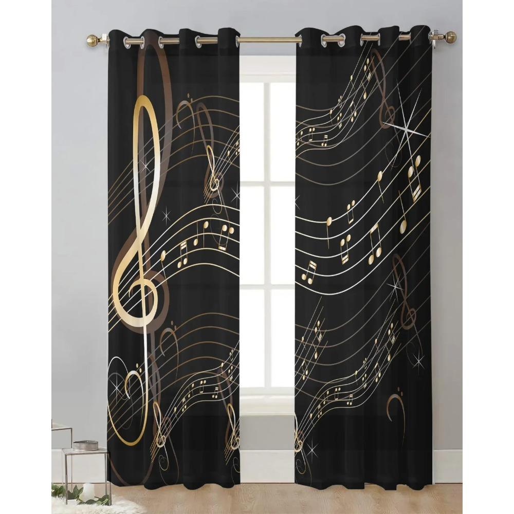 Music Notes Black Chiffon Sheer Curtains for Living Room Bedroom Home Decoration Window Voiles Tulle Drapes Curtain